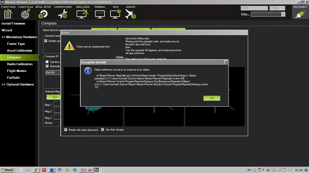 Unexpected Error while compass calibration Mission Planner