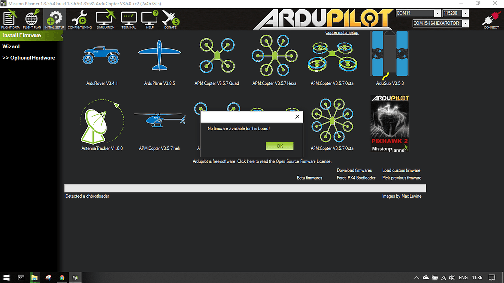 Problems when installing the new firmware Copter 3.6 ArduPilot