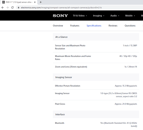 sony factory specs