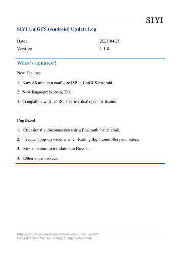 SIYI UniGCS Android v1.1.8 Update Log 250426-1