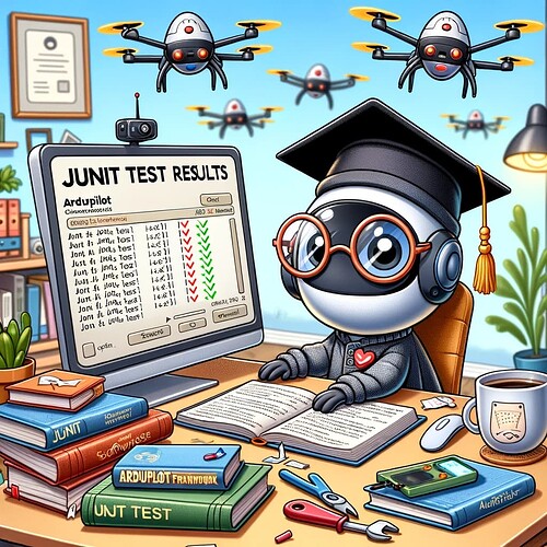 DALL·E 2023-11-23 00.05.54 - A humorous cartoon image of a drone wearing a graduation cap and glasses, sitting at a computer and looking at a screen displaying 'JUnit Test Results