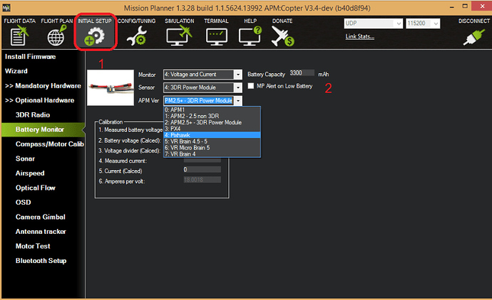 Mission Planner Battery Monitor Config