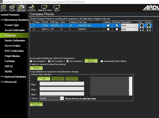 setup compass  1.3.75 build 1.3.7883.26333 ArduCopter V4.0.7 (0bb18a15)