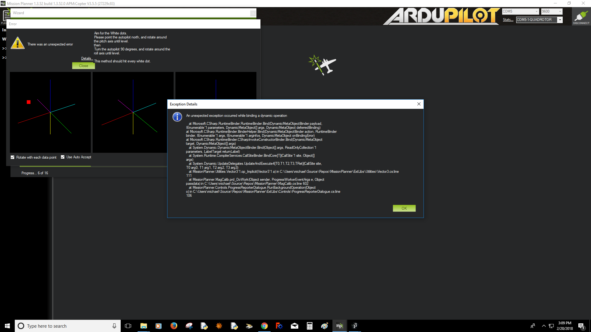 Unexpected error within compass calibration Mission Planner