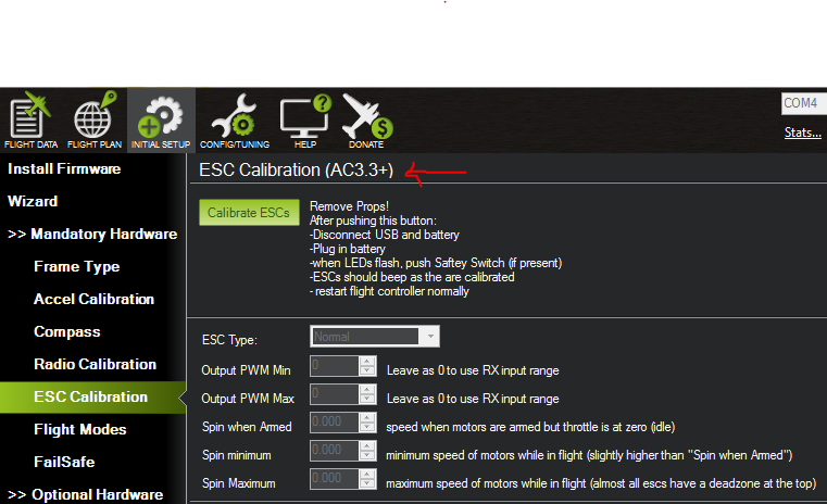 ESC Calibration in Mission Planner for APM 2.8 Mission Planner