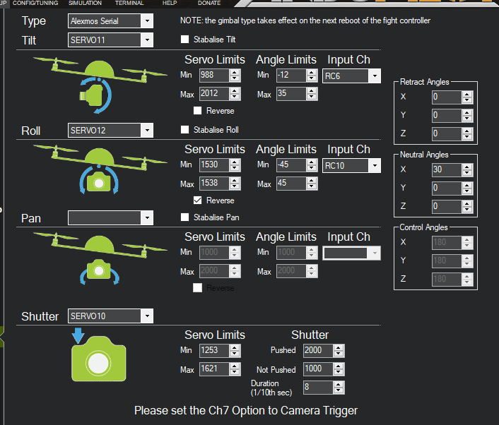 Camera gimbal control not functioning Copter 3.5 ArduPilot