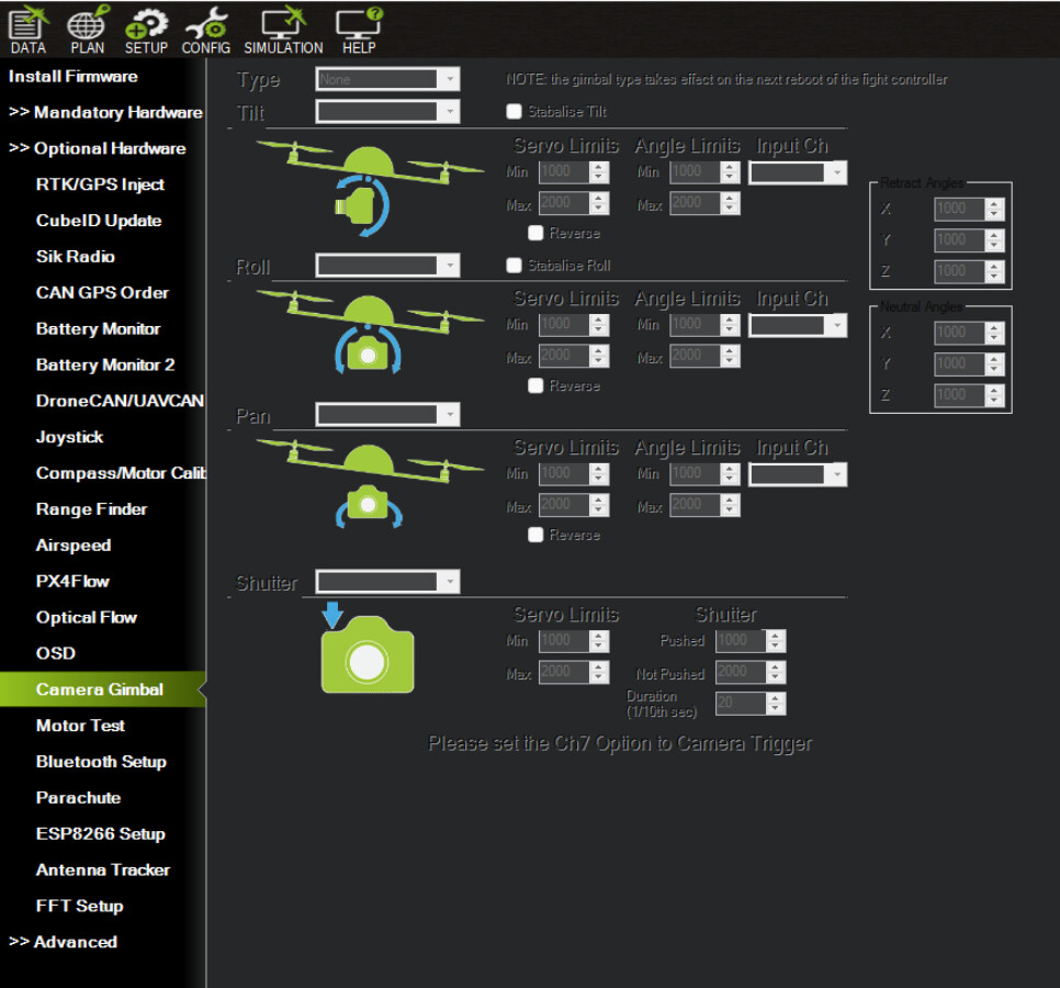 Camera Gimbal Parameters Are Not Available For Change - Arducopter 