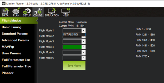 Mission Planner Flight Modes not displaying in configurations or