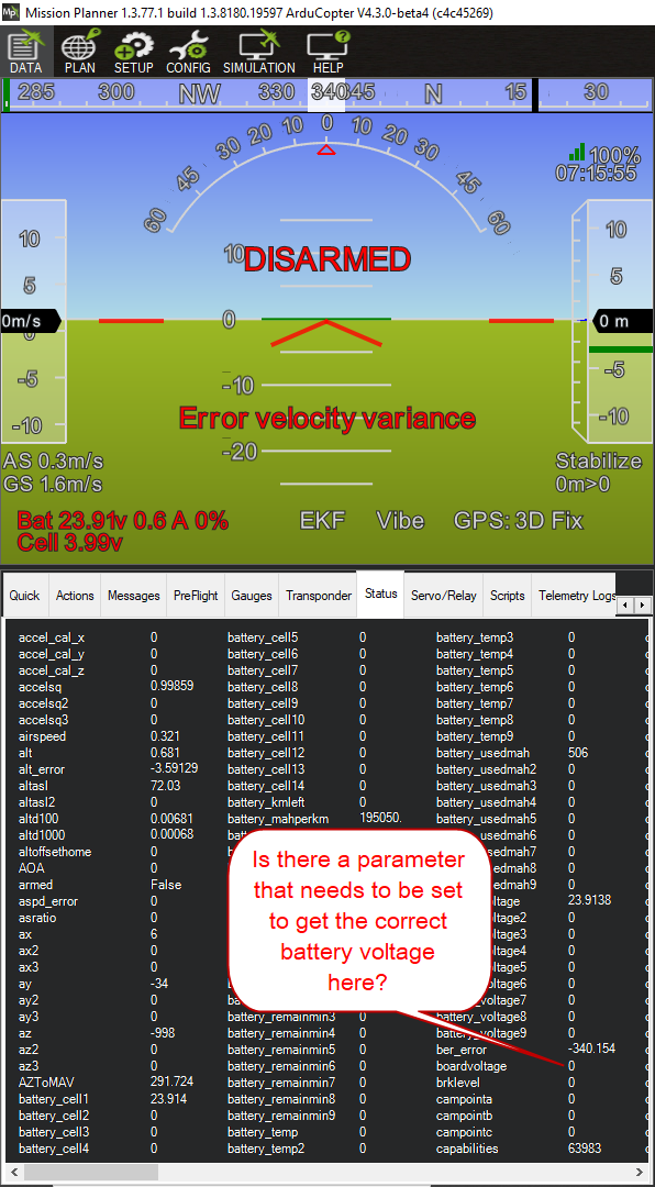 How to setup the board battery voltage Copter 4.3 ArduPilot